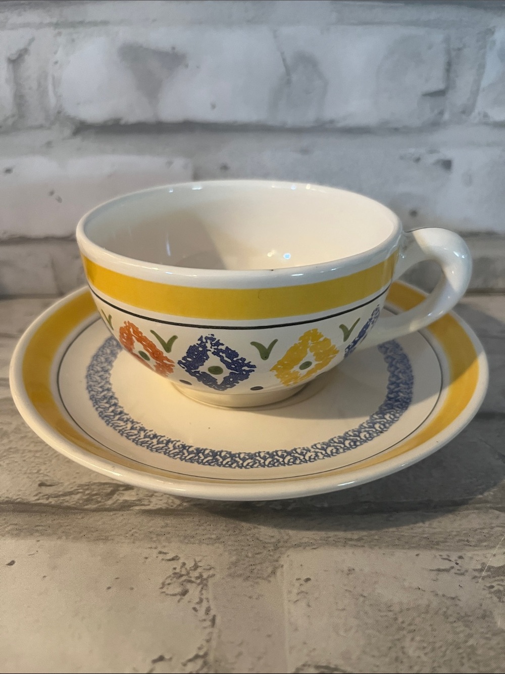 Yellow Floral Band Ceramic Cup and Saucer B Henriot Quimper France